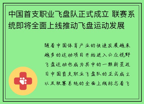 中国首支职业飞盘队正式成立 联赛系统即将全面上线推动飞盘运动发展